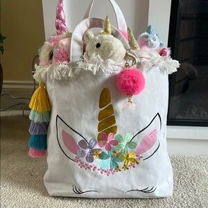 Unicorn Themed Kids Tote Bag with Gold and Pink Accents with 5 stuffed animals